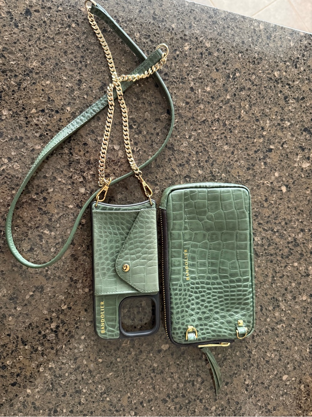 Bandolier Green Croc-Embossed Leather Crossbody Phone Case with Card Wallet